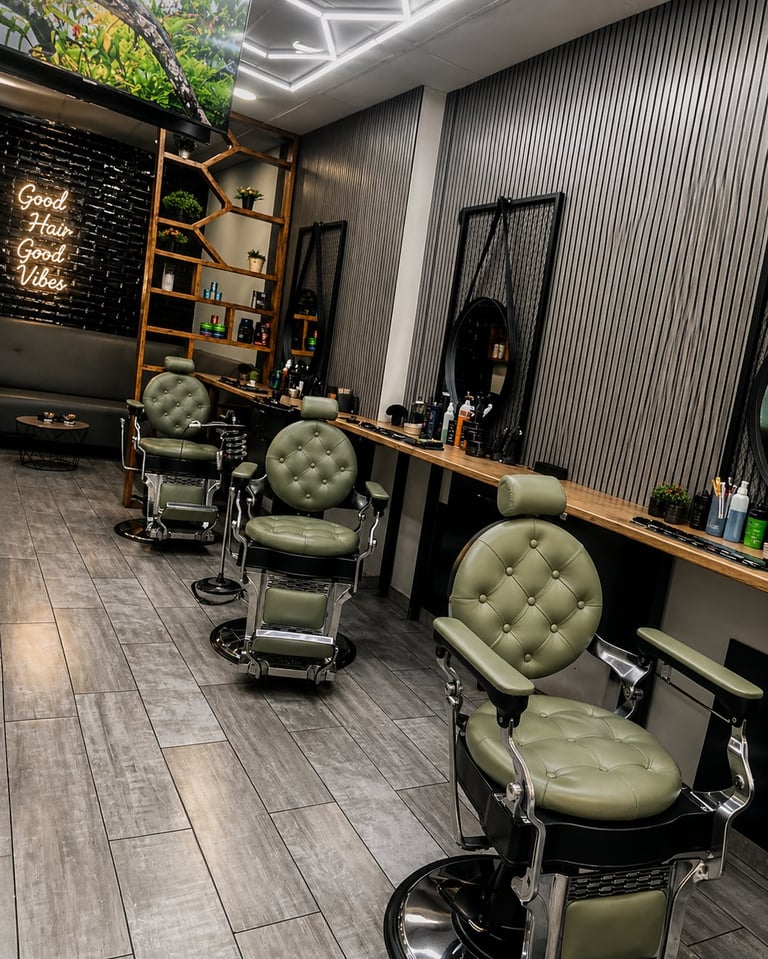 Modern barbershop interior with green tufted chairs, wooden shelving, neon signage, and contemporary lighting