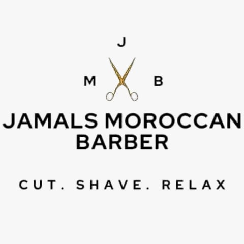 Jamals Moroccan Barber logo with scissors and tagline Cut, Shave, Relax