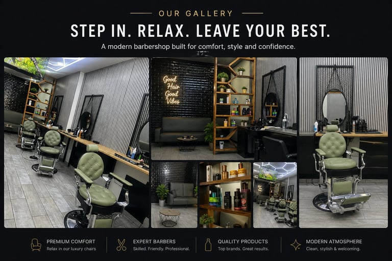 Modern barbershop interior showcase featuring vintage green chairs, black wood paneling, gold accents, and professional styling stations with mirrors and lighting
