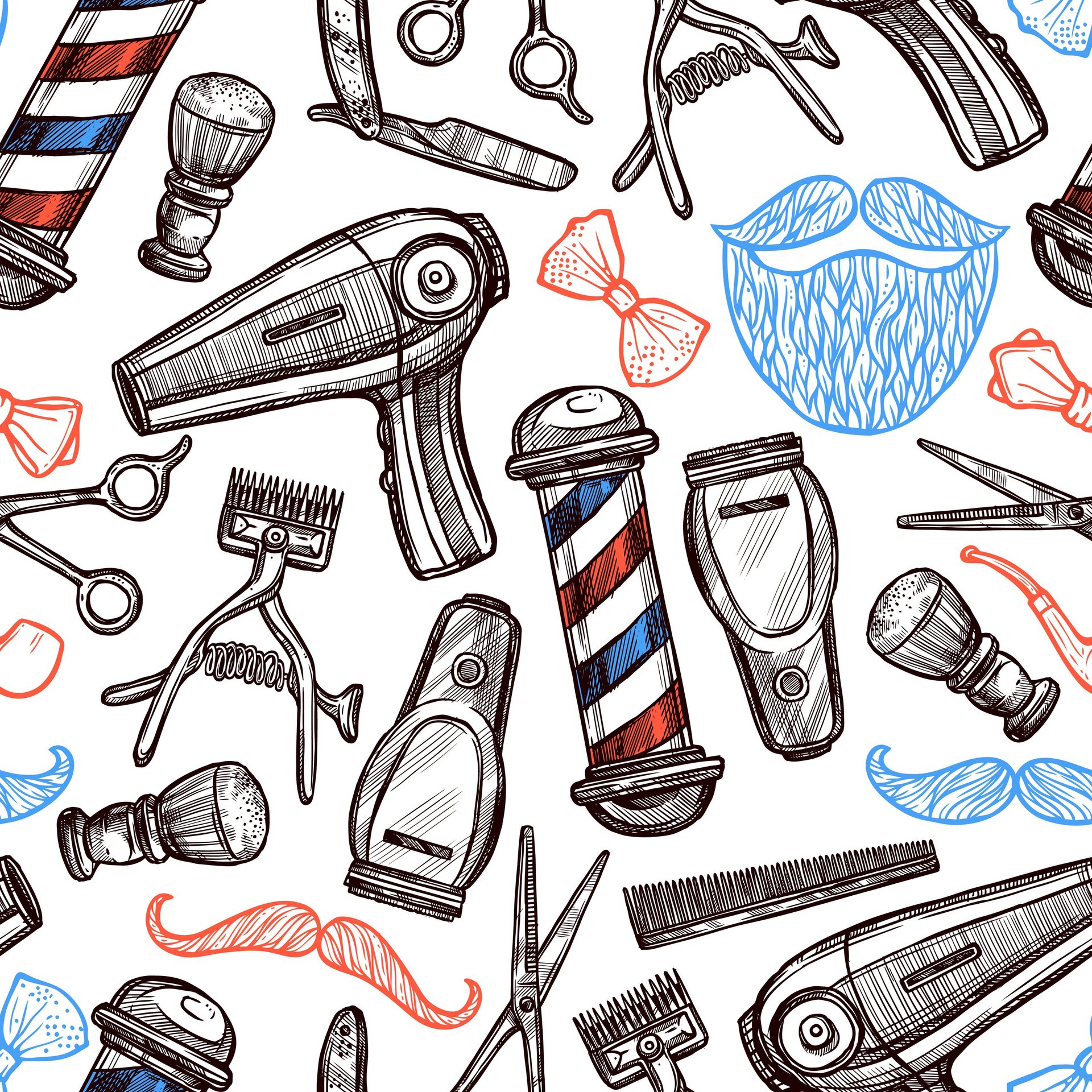 Barbershop pattern featuring sketched hair styling tools, mustaches, and beards on white background